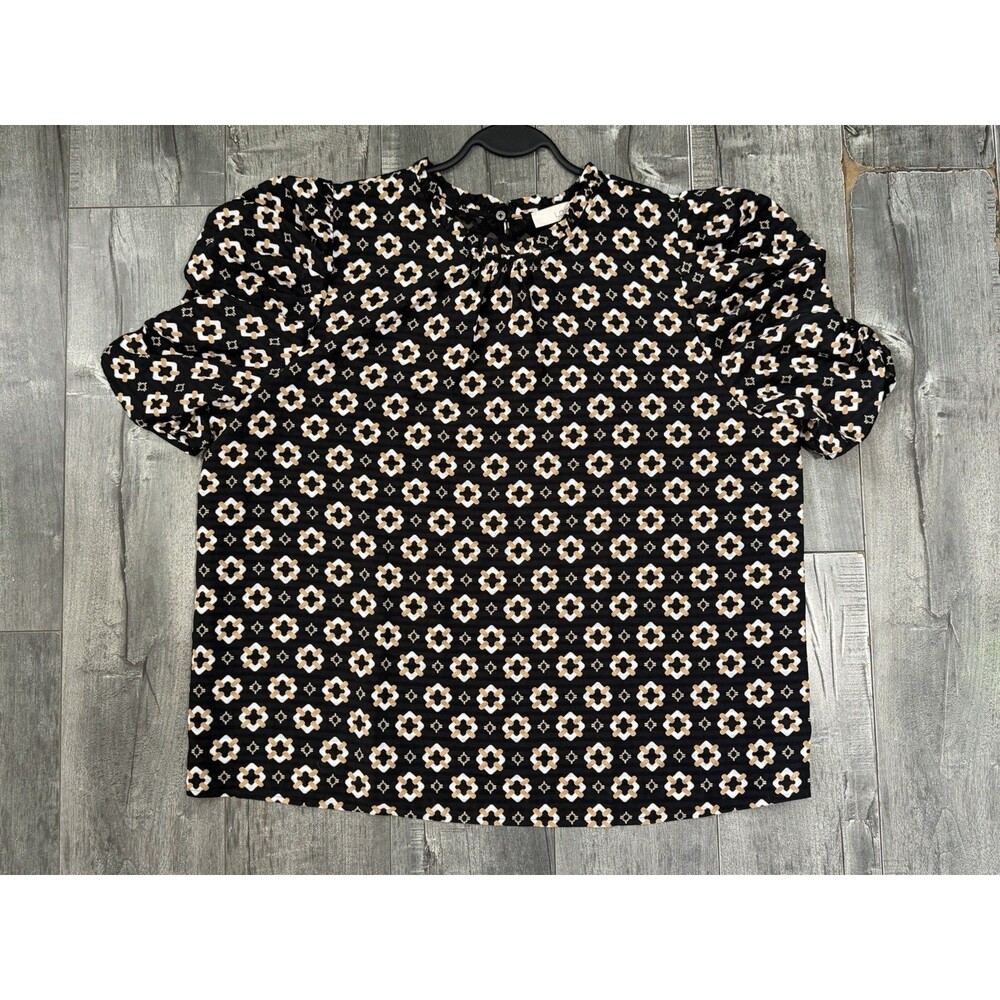 LOFT Women’s XL Black Geometric Print Ruffle Neck Puff Sleeve Blouse